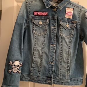 Harley Davidson ladies denim jacket with patches.